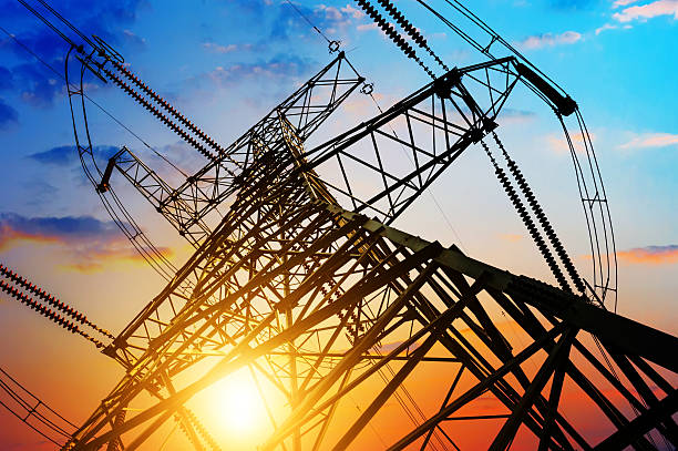 high voltage post.High-voltage tower sky background.